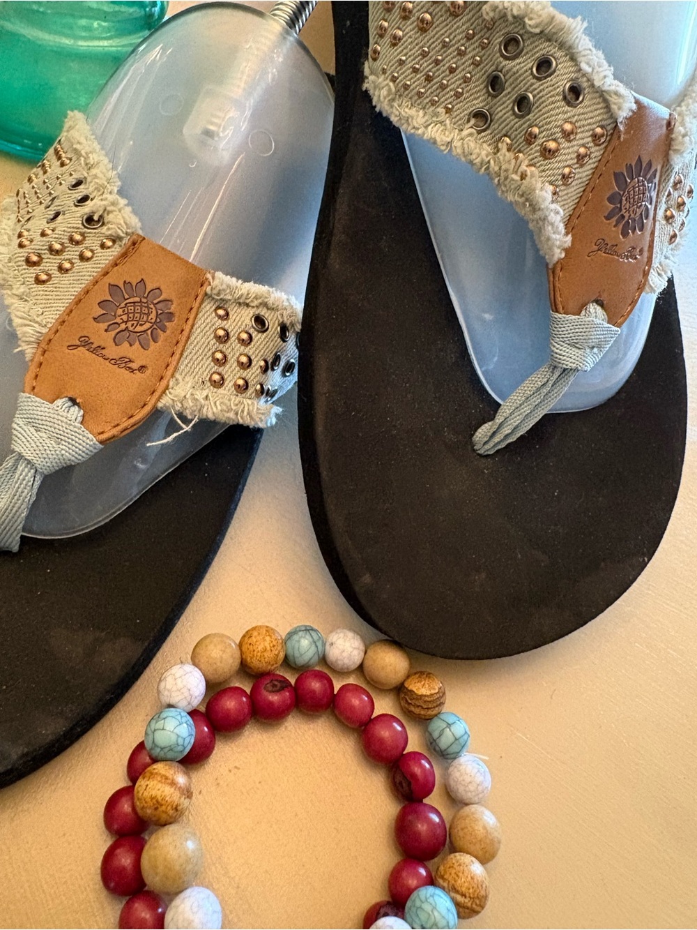 Women’s Black Wedge Thong Sandals with Beige Frayed Straps. Yellow Box - Picture 2 of 2